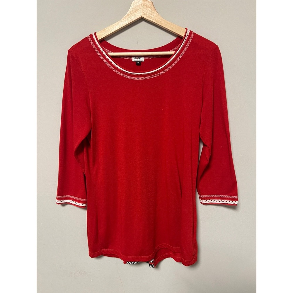 Jude Top Womens M Red Pre-owned Eyelet Trim Striped Pleated Back 3/4 Sleeve